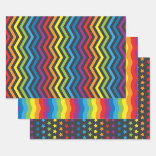 Feuille De Papier Cadeau Noir vibrant et motifs arc-en-ciel