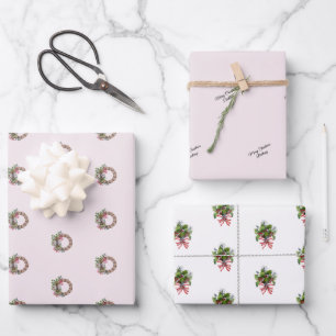 Feuille De Papier Cadeau Nom, Bouquet de houx et de baies et Couronne 3 piè