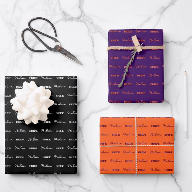 Feuille De Papier Cadeau Nom de la future mariée | Halloween Mariage Violet (Recto)