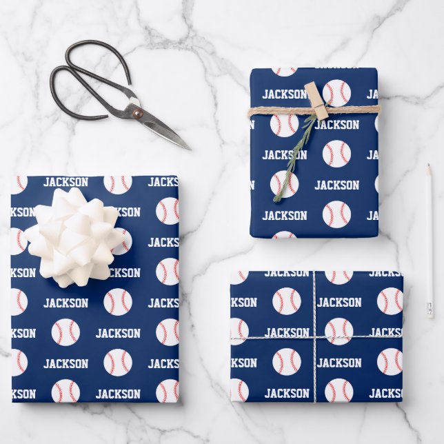 Feuille De Papier Cadeau Nom du baseball Motif Marine Bleu (Recto)