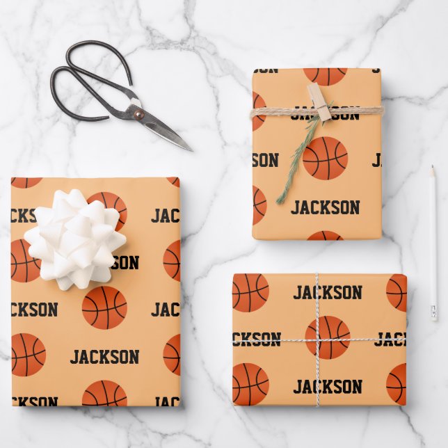 Feuille De Papier Cadeau Nom du basket-ball Motif Enfants Orange (Recto)