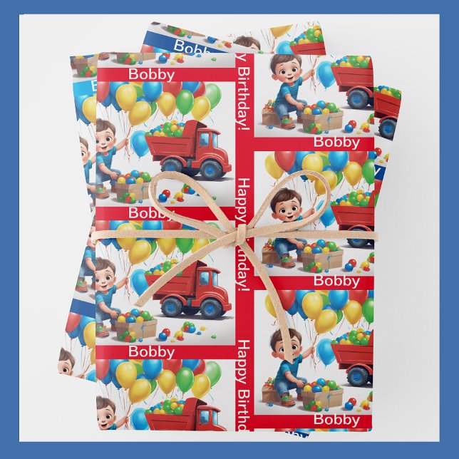 Feuille De Papier Cadeau NOM DU GARÇON Ballons de Camion d'Anniversaire (Créateur téléchargé)