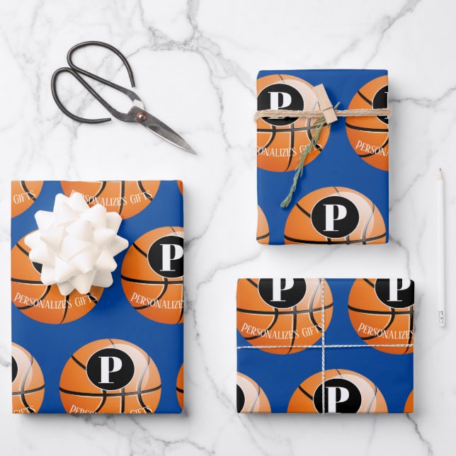 Feuille De Papier Cadeau Nom du monogramme personnalisé du basket-ball (Recto)