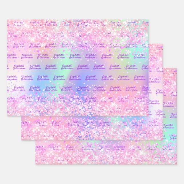 Feuille De Papier Cadeau Nom holographique rose Quinceanera (Lot)