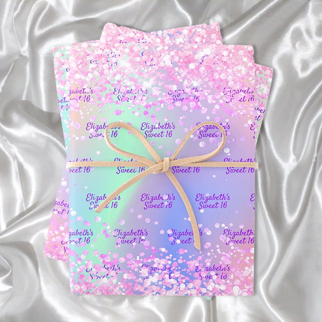 Feuille De Papier Cadeau Nom holographique rose violet confetti Sweet 16 (Créateur téléchargé)
