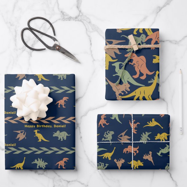 Feuille De Papier Cadeau Nom personnalisé Dinosaur (Recto)