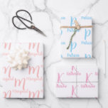 Feuille De Papier Cadeau Nom personnalisé élégant, monogramme rose et bleu<br><div class="desc">Le design propose une typographie personnalisable pour le nom et le monogramme sur trois superbes feuilles de papier d'emballage, disponibles dans des couleurs d'écriture élégantes rose clair, rose pastel et bleu bébé. Que ce soit un anniversaire, une occasion spéciale, une baby shower, un mariage, un anniversaire de mariage, la fête...</div>