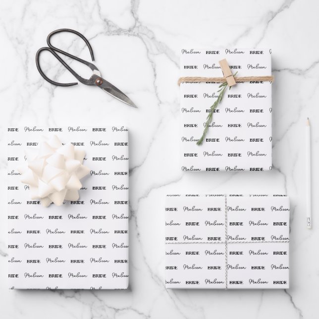 Feuille De Papier Cadeau Nom personnalisé Élégante future mariée Blanc (Recto)