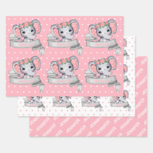 Feuille De Papier Cadeau Nom personnalisé Elephant Baby Girl Motif rose