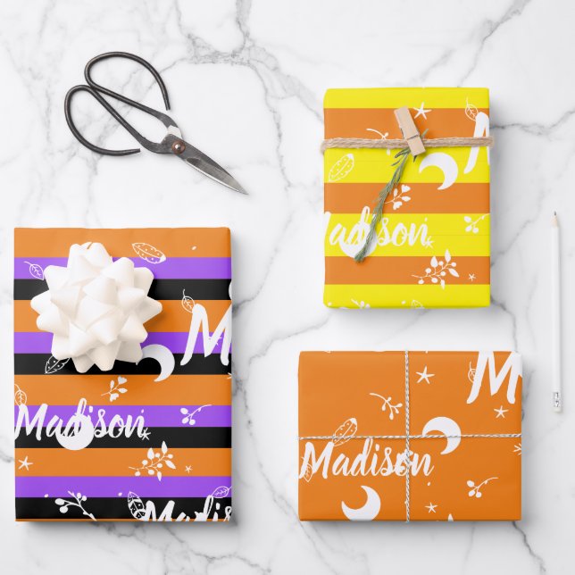 Feuille De Papier Cadeau Nom personnalisé Orange Halloween Girl Whimsical (Recto)