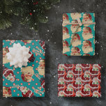 Feuille De Papier Cadeau Nom personnalisé Retro Santa Claus Christmas Trio<br><div class="desc">Ensemble de trois modèles de papier d'emballage à thème père Noël turquoise et rouge corail, tous avec des figures de style santa du milieu du siècle vintage. L'une de ces feuilles d'emballage cadeau de Noël permet même un nom de famille personnalisé, le nom de l'entreprise, ou tout texte personnalisé que...</div>