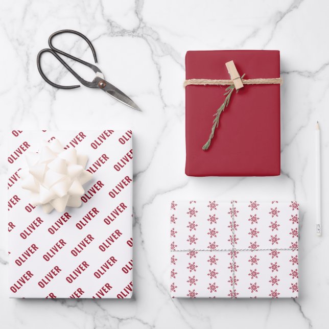 Feuille De Papier Cadeau Nom rouge simple et Motif de flocon de neige Noël (Recto)