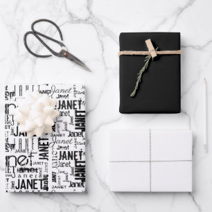Feuille De Papier Cadeau Nom Typographie Noir Blanc Mot Cloud 