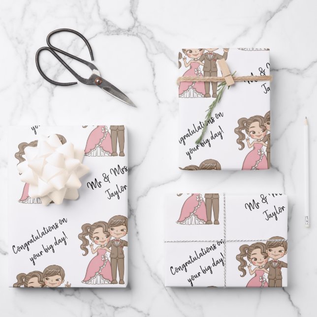 Feuille De Papier Cadeau Noms de mariée et de chambre mignonnes blanc (Recto)