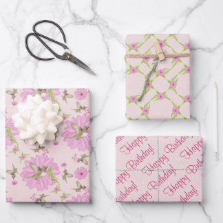 Feuille De Papier Cadeau Nostalgique rose et vert floral