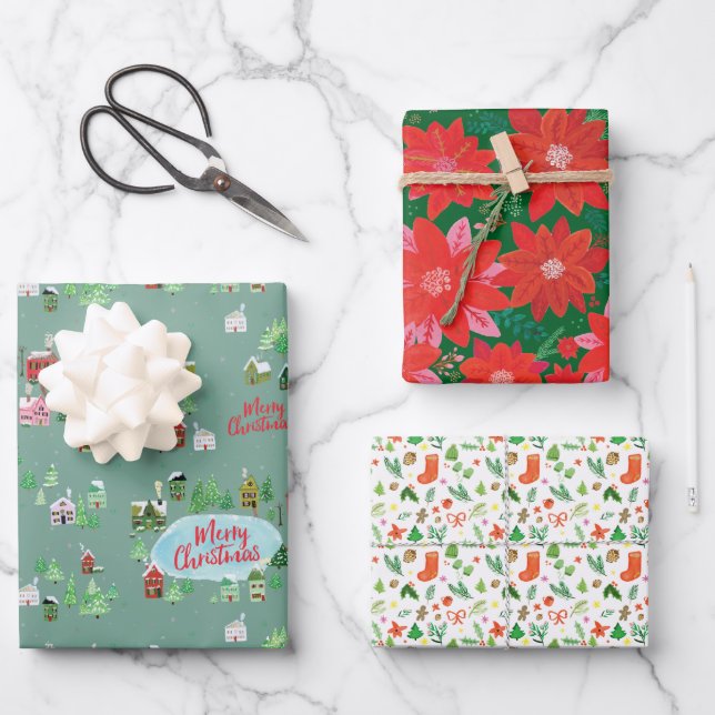 Feuille De Papier Cadeau Nostalgique Village d'hiver Noël (Recto)