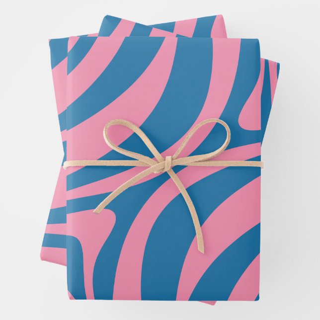 Feuille De Papier Cadeau Nouveau Groove Retro Abstrait Motif bleu et rose (En situation)