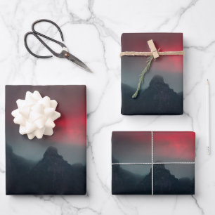 Feuille De Papier Cadeau Nuages brûlants, brouillard et montagnes