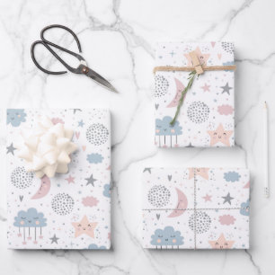 Feuille De Papier Cadeau Nuages Lune Étoiles