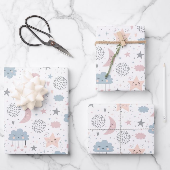 Feuille De Papier Cadeau Nuages Lune Étoiles (Recto)