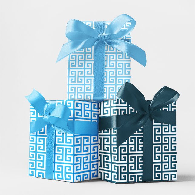 Feuille De Papier Cadeau Nuances de bleu océan à la grecque (Shades of Ocean Blue Greek Key Wrapping Paper Sheets)
