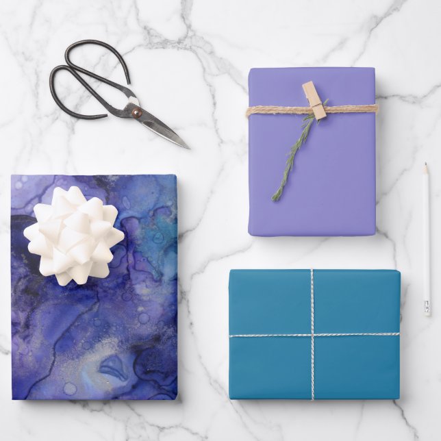 Feuille De Papier Cadeau Nuances de bleu pourpre Aquarelle Abstraite marbré (Recto)