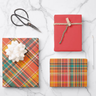 Feuille De Papier Cadeau Nuances d'orange, rouge, vert et blanc plaid