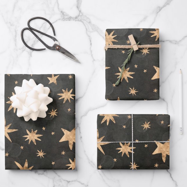 Feuille De Papier Cadeau Nuits étoilées dorées de fêtes (Recto)