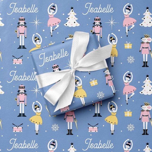 Feuille De Papier Cadeau Nutcracker Nom personnalisé bleu Noël (Créateur téléchargé)