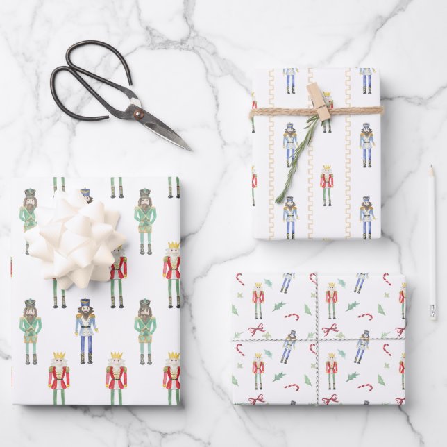 Feuille De Papier Cadeau Nutcrackers de Noël aquarelle (Recto)