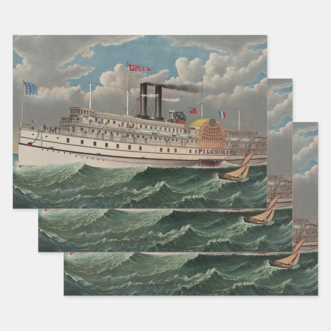 Feuille De Papier Cadeau NY Voyage Grand Paddlewheel Bateau à vapeur Le Pèl (Lot)