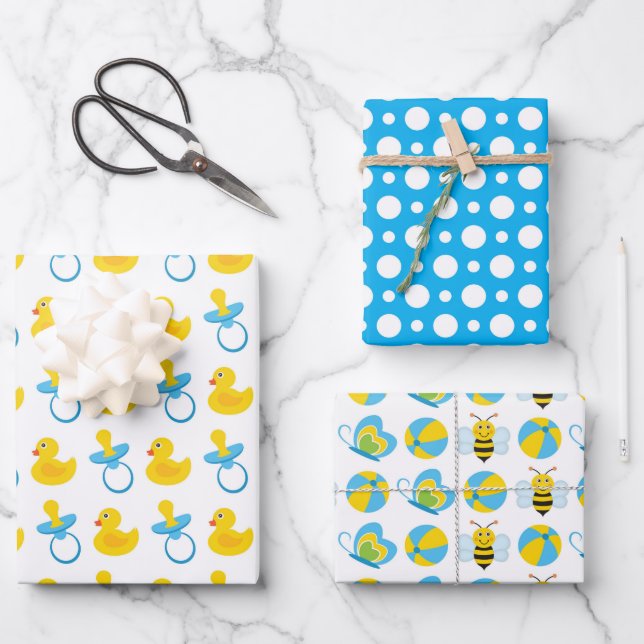 FEUILLE DE PAPIER CADEAU OBJETS BÉBÉS BLANCS JAUNES BLEUS (Recto)