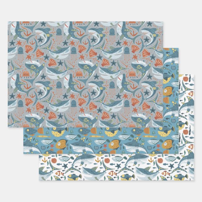 Feuille De Papier Cadeau Océan Sous La Mer Requin Décor Anniversaire (Lot)