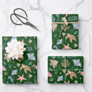 Feuille De Papier Cadeau Océan Vie Aquarelle Texturé Vert Forêt