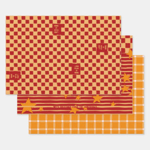 Feuille De Papier Cadeau Ocre et rouge ludiques - Étoiles et damier vintage