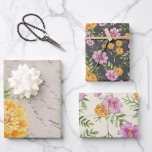 Feuille De Papier Cadeau Octobre Mois de naissance Fleurs Marigold Cosmos