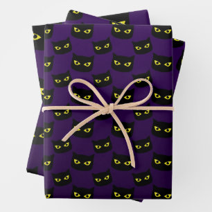 Feuille De Papier Cadeau Oeil jaune de chat noir et violet motif Halloween