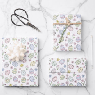 Feuille De Papier Cadeau Œufs de Pâques et Fleurs Couleurs Pastel