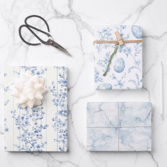 Feuille De Papier Cadeau Oeufs de Pâques Fleurs Bleues Chic (Recto)