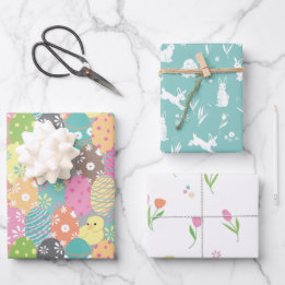 Feuille De Papier Cadeau OEufs de Pâques mignons et lapins, tulipes de prin