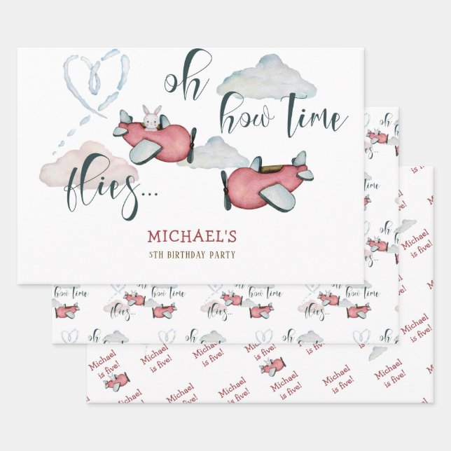 Feuille De Papier Cadeau Oh comment le temps vole rétro avion garçon annive (Lot)