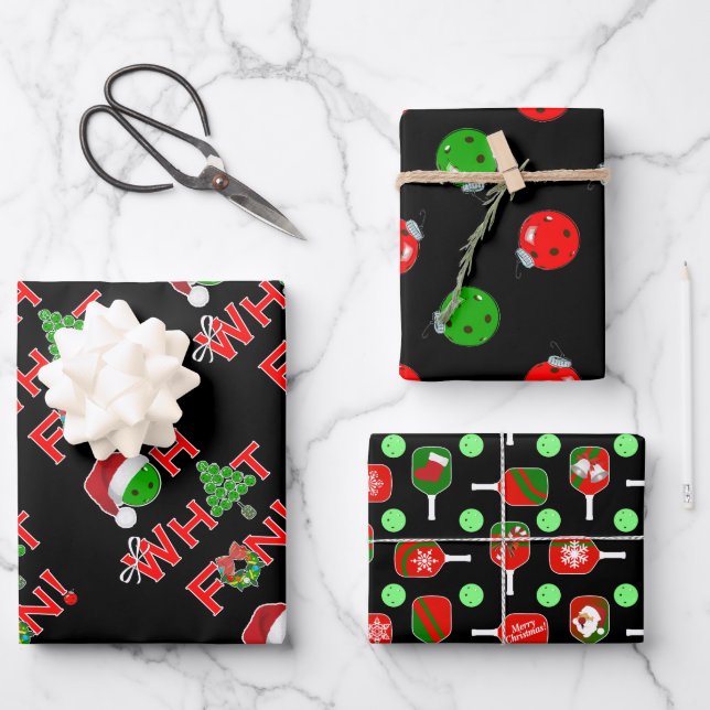 Feuille De Papier Cadeau Oh What Fun Christmas Pickleball Vert et Rouge (Recto)