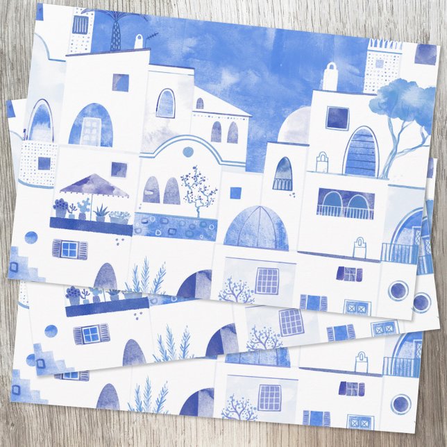 Feuille De Papier Cadeau Oia Santorini Grèce Aquarelle Ville Peinture (Santorini blue and white watercolor painting on wrapping paper sheets)