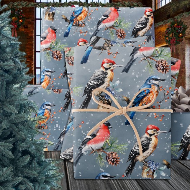 Feuille De Papier Cadeau Oiseau bleu Bullfinch Première neige hivernale (Woodpecker Bullfinch Blue Bird First Winter Snow Wrapping Paper Sheets Trio)