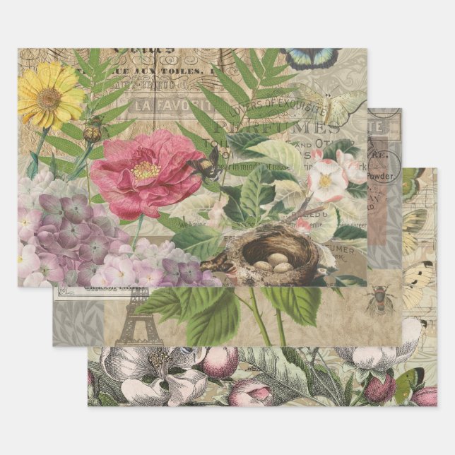 Feuille De Papier Cadeau Oiseau Nid Floral Jardin Fleur Papillon Art (Lot)