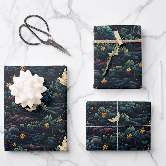 Feuille De Papier Cadeau Oiseaux au-dessus des arbres (Recto)