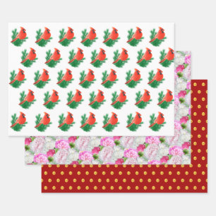 Feuille De Papier Cadeau Oiseaux cardinaux, fleurs de pivoine et confettis 