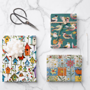 Feuille De Papier Cadeau Oiseaux Chaussures florales et Maisons d'oiseaux