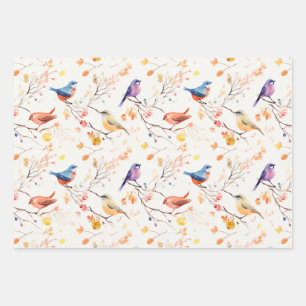 Feuille De Papier Cadeau Oiseaux d'aquarelle sur Motif de branche