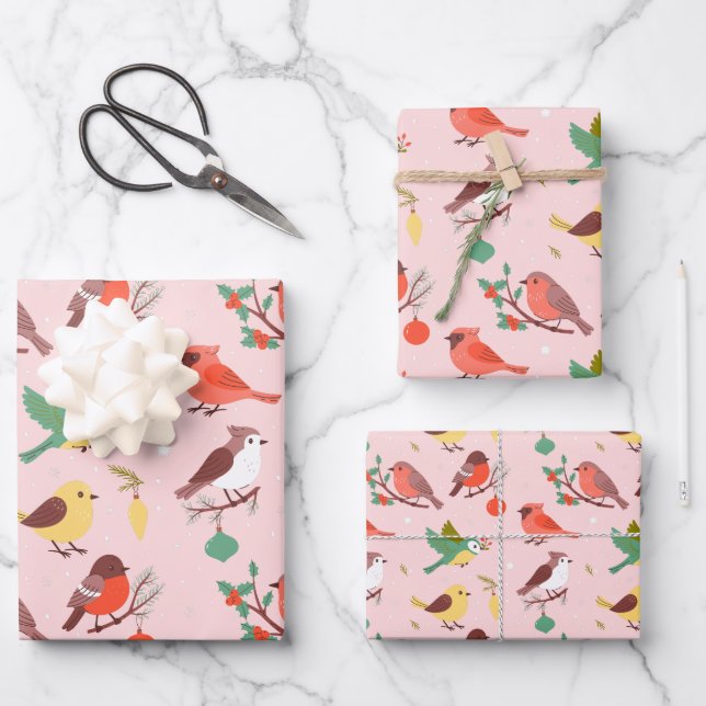 Feuille De Papier Cadeau Oiseaux de Noël d'hiver (Recto)